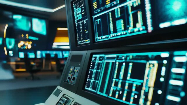 Futuristic control room featuring multiple screens with glowing digital interfaces, showing complex data and networks for advanced technology and operational management