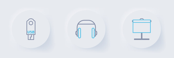 Set line Projection screen, Headphones and USB flash drive icon. Vector