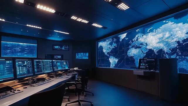 Modern control room with multiple monitors and a large world map wall display showing interconnected points, symbolizing global networks, cybersecurity and data driven operations