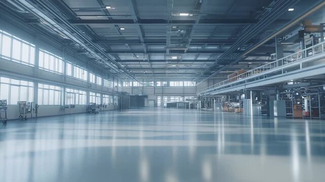 Clean, spacious open plan factory floor and bright industrial interior stretching deep into a contemporary facility, ready for automation, production and logistics operations
