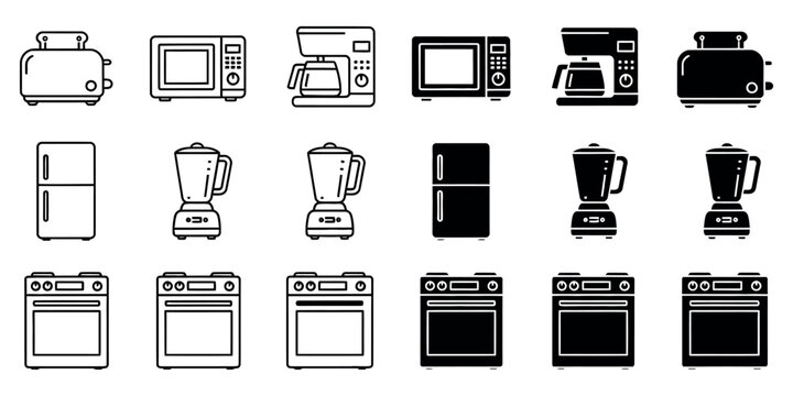 Kitchen appliances in black and white line and solid fill line solid fill