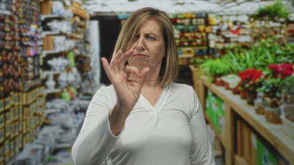 Fototapeta premium Woman makes ok sign with hand near flower display in street flower shop; approval confidence positivity satisfaction.