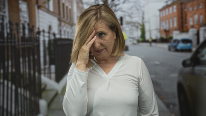 Fototapeta premium Woman places hand on temple while standing on a city street lined with brick buildings and parked cars; concern.