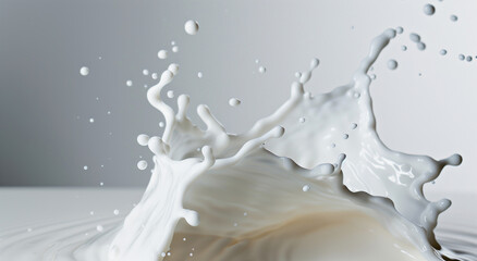 fresh milk splash on a pure white background, smooth creamy liquid forming elegant waves and soft sculptural splashes, fine droplets suspended in the air, subtle ripples and transl