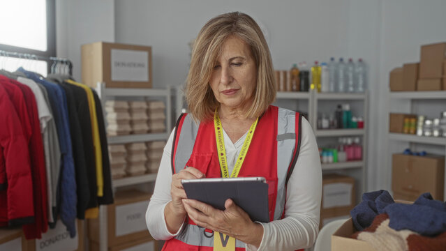 Woman wearing red vest taps tablet in building donation center storage area; compassion service generosity.