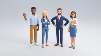 Naklejka premium Friendly team of four business professionals standing together and smiling. Diverse colleagues in modern office attire representing teamwork, leadership and corporate collaboration.