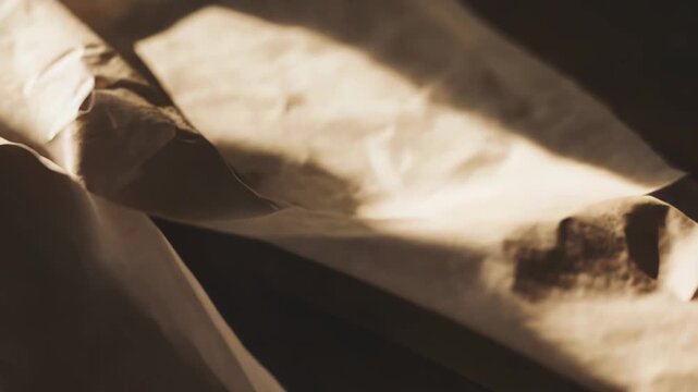 Brown parchment paper showing a vintage rustic texture with creases and natural folds, illuminated by warm sunlight creating deep shadows and highlights across its surface