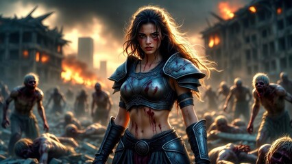 Obraz premium Warrior woman amidst apocalypse battling undead horde in armor.