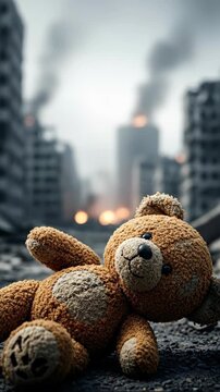 Teddy bear lying in rubble amid burning city skyline with smoke rising from ruins. Post-apocalyptic urban destruction scene symbolizing lost innocence and abandonment in disaster aftermath (147