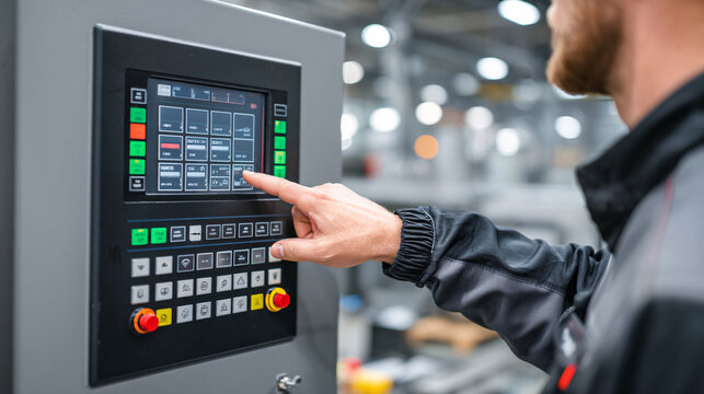 Person operating an industrial control panel with touchscreen interface.