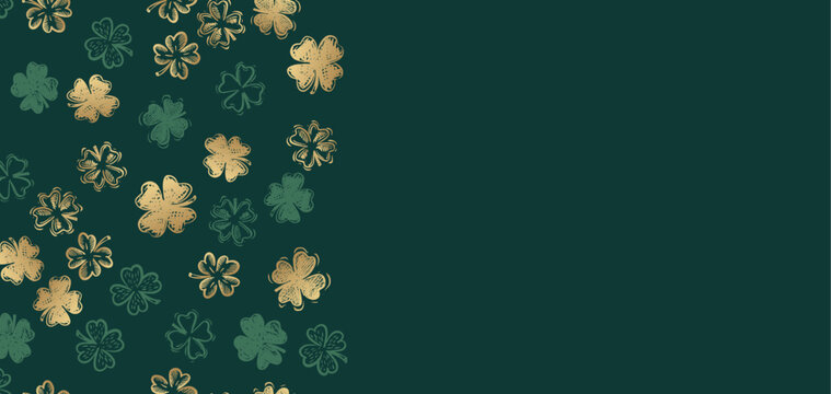Patricks Day, Gold Clover pattern on green, hand drawn illustrations.	
