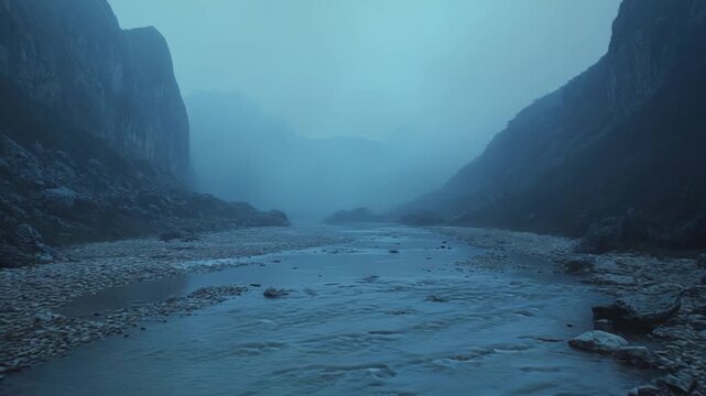Tranquil mountain stream winding its way through a deep valley, surrounded by towering cliffs and enveloped in a mystical layer of fog, creating an atmosphere of peace and solitude