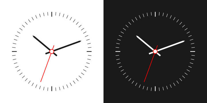 Elegant wall clock, isolated on white and black background. Clock on wall shows eight o'clock. Vector illustration