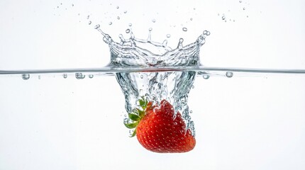 Fresh red strawberry splashing into clear water with droplets and ripples on white background