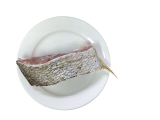 Top view A piece of fresh raw fish seasoned with black pepper and salt on a white plate, Isolated on a white background. © Jupri