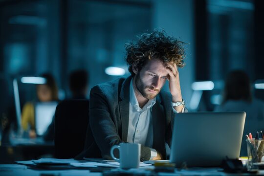 Burnout at the desk: a stressed office worker battles fatigue on a laptop in a modern office