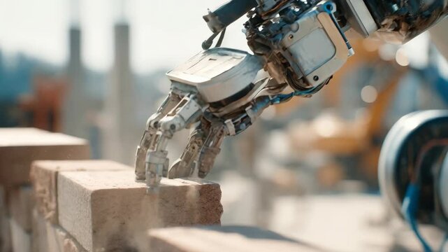 Medium shot of a robotic arm precisely placing bricks on a wall showcasing advanced automation enhancing construction accuracy and efficiency.