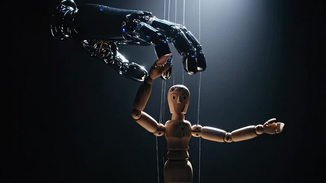 Robotic hand controlling a wooden marionette puppet