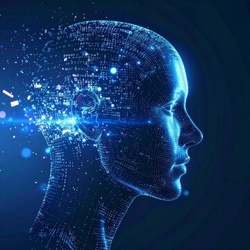 AI image generated futuristic human head formed by glowing data streams and binary code, symbolizing artificial intelligence, big data processing, digital identity and advanced computing technology.