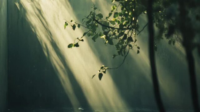 Sunlight illuminating dust motes and casting dramatic shadows on an urban wall and pavement, highlighting the lush green foliage of saplings in a serene, peaceful morning atmosphere