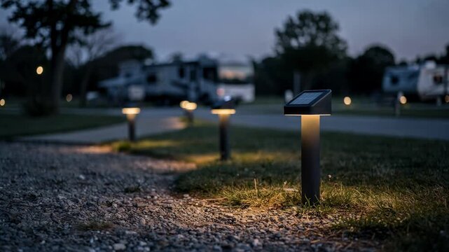 Medium shot of solarpowered bollard lights softly illuminating a campground path with blurred trees and RVs in the background under twilight sky.