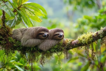 Fototapeta premium Arboreal duo perched on a tree limb among emerald foliage in a Costa Rican rainforest