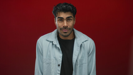 Fototapeta premium Young hispanic man wearing a light denim shirt smiles warmly in studio with a gentle grin; confidence.