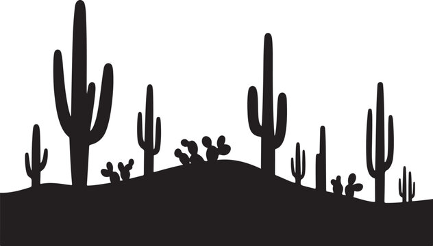 Silhouette of cacti and desert plants on a hill cactus