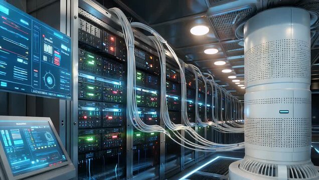 Futuristic 4K 3D animation of an advanced data center managed by artificial intelligence illustrating cutting edge technology automation digital 