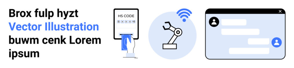 Obraz premium Automation, communication, robotics, productivity, digital services, wireless technology. QR code scanner, robotic arm and chat interface icons. Automation and communication concepts