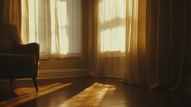 Sunlight creating long shadows across a wooden floor in an empty room, highlighting a lone armchair as a symbol of solitude and peacefulness during the golden hour