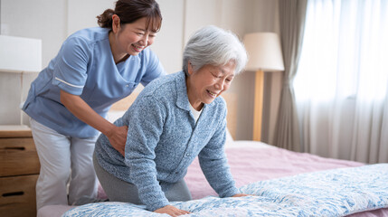 A caregiver assisting an elderly woman with bed mobility in a bedroom.