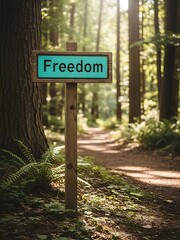 Fototapeta premium A wooden sign with freedom text in a forest with a dirt path