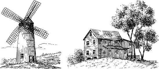 Vintage engraved sketch set of miller mark and mill wheel with rustic countryside scene