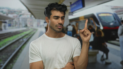 Fototapeta premium Man in white shirt standing with folded arm points finger to passing train near building entrance; anticipation.