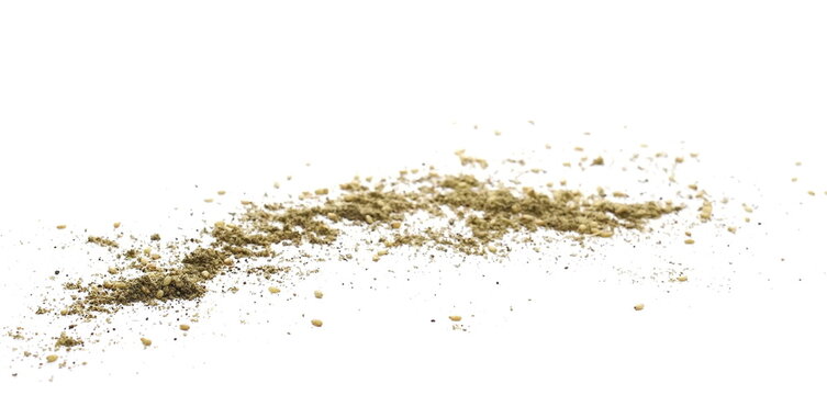 Za'atar pile, middle eastern spice blend, isolated on white background, side view, ( zaatar leaves, sumac, extra virgin olive oil, sesame seeds and salt )