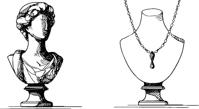 Vintage engraved bust and necklace stand set for jewelry design
