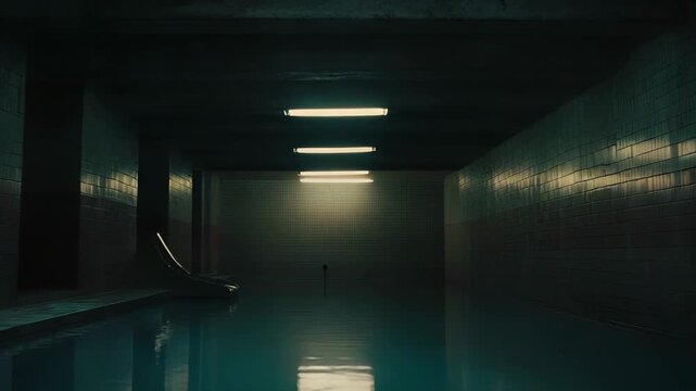 Liminal space with an indoor pool revealing an unsettling atmosphere, featuring a dark, empty room with reflective water and a set of bright fluorescent lights illuminating the tiled walls