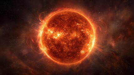 Obraz premium Colossal burning sun in deep space: hyper-detailed digital illustration with fiery corona and solar flares
