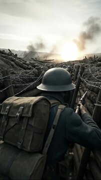 Soldiers advancing through barbed wire trench amid explosions. Men in helmets charge in smoky world war battlefield. Epic military animation sequence for historical war depiction Vertical video