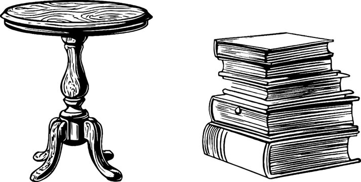 Vintage engraved set of side table, coaster, and books for retro interior design