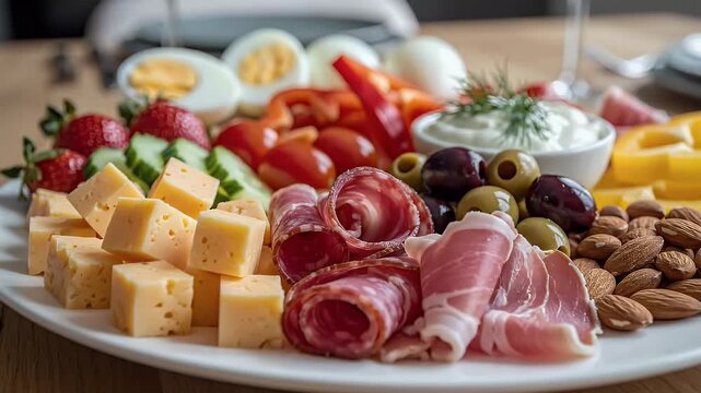 Close up of a platter of assorted foods including cheese meats and vegetables