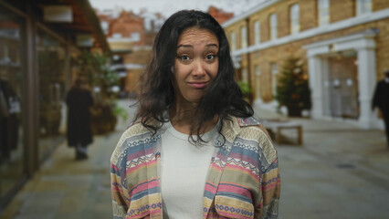 Fototapeta premium Woman grimacing with furrowed brow and pursed mouth in a patterned cardigan on a street by brick building facades; awkwardness.