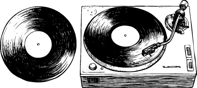 Vintage vinyl record and turntable set hand drawn illustration for music enthusiasts