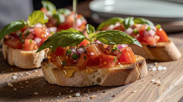 Close up of bruschetta topped with fresh tomatoes and basil on wooden board