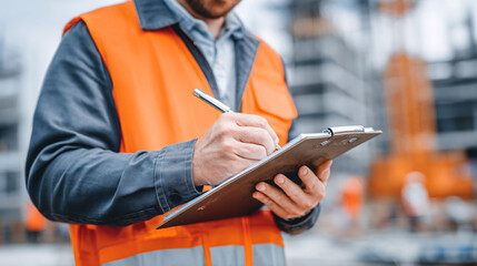 A person in safety vest writing on a clipboard outdoors.