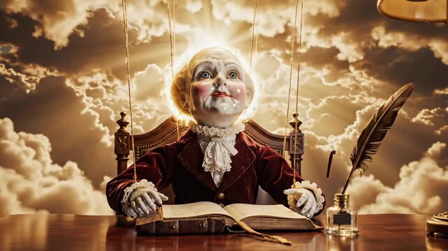 Manipulated marionette puppet writing at a desk