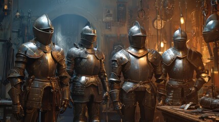 Naklejka premium Diverse Medieval Knight Armors: An Illustrated Study of Helm Variants and Plate Configurations