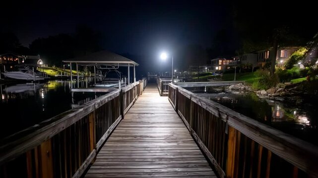 Medium shot of energyefficient LED dock lights highlighting walkway edges with bright consistent illumination for nighttime navigation.