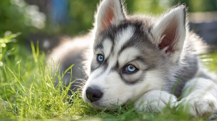 Obraz premium Adorable Siberian husky puppy resting on lush green grass in warm sunlight
